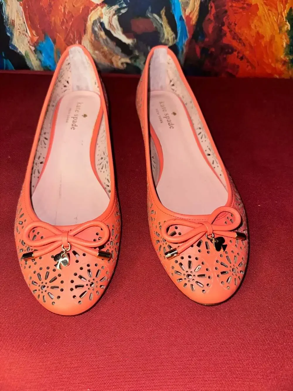 No.05 Kate Spade New York Perforated Leather Flats Size 8.5M Orange Bow